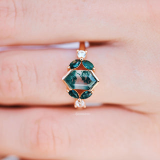 Hexagon Moss Agate Leaf Engagement Ring in 14K Solid Rose Gold