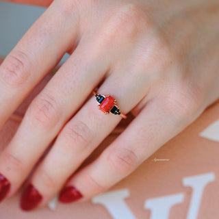 Red Fire Opal & Black Onyx Ring in 14K Rose Gold Vermeil