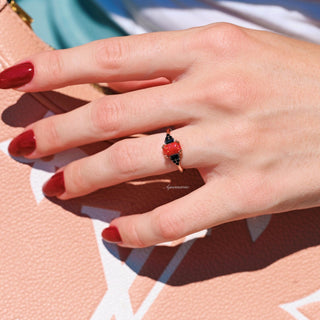 Red Fire Opal & Black Onyx Ring in 14K Rose Gold Vermeil