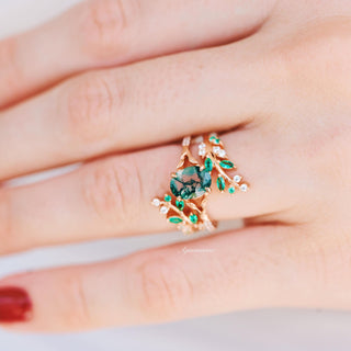 Green Fire Opal & Moss Agate Leaf Couples Ring Set