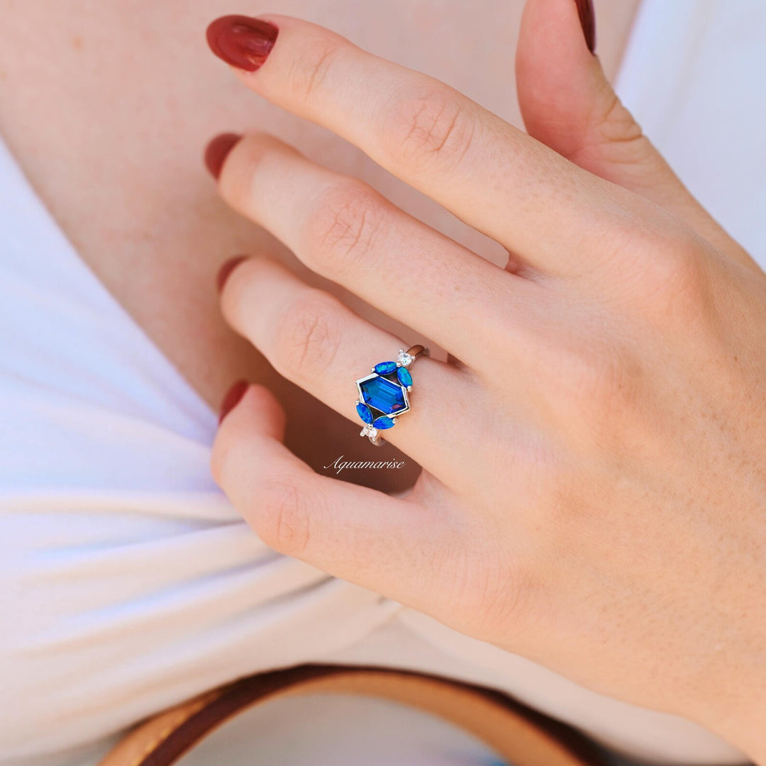 Blue Fire Opal & Sapphire Couples Ring