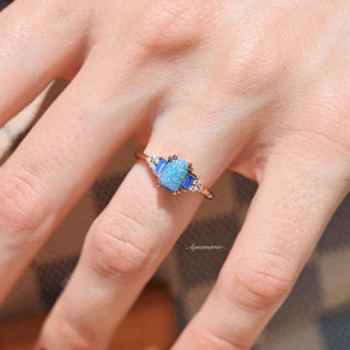 Light Blue Fire Opal & Opalescent Sapphire Engagement Ring in 14k Rose Gold Vermeil