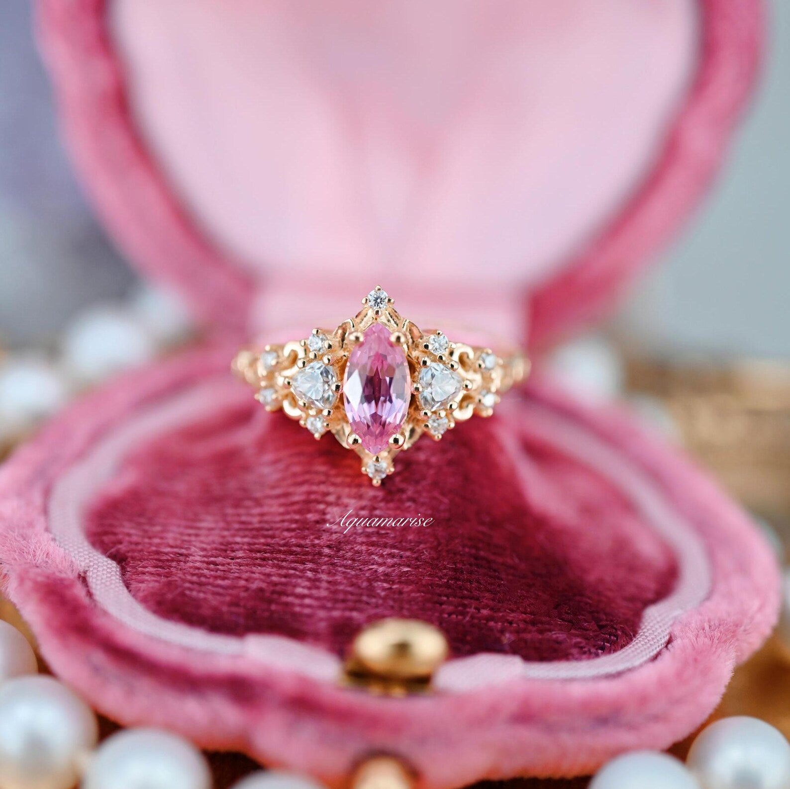 Elain Marquise Pink Sapphire Fairy Leaf Engagement Ring in 14K