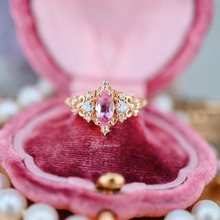 Elain Marquise Pink Sapphire Fairy Leaf Engagement Ring in 14K Solid Yellow Gold