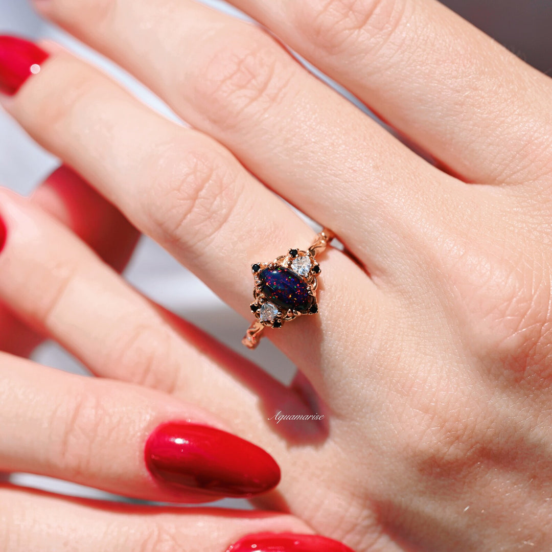 Black Fire Opal & Meteorite Couples Ring