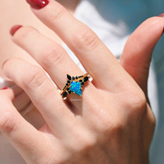 Skye Kite®  Blue Fire Opal & Black Onyx Ring Set- 14K Yellow Gold Vermeil