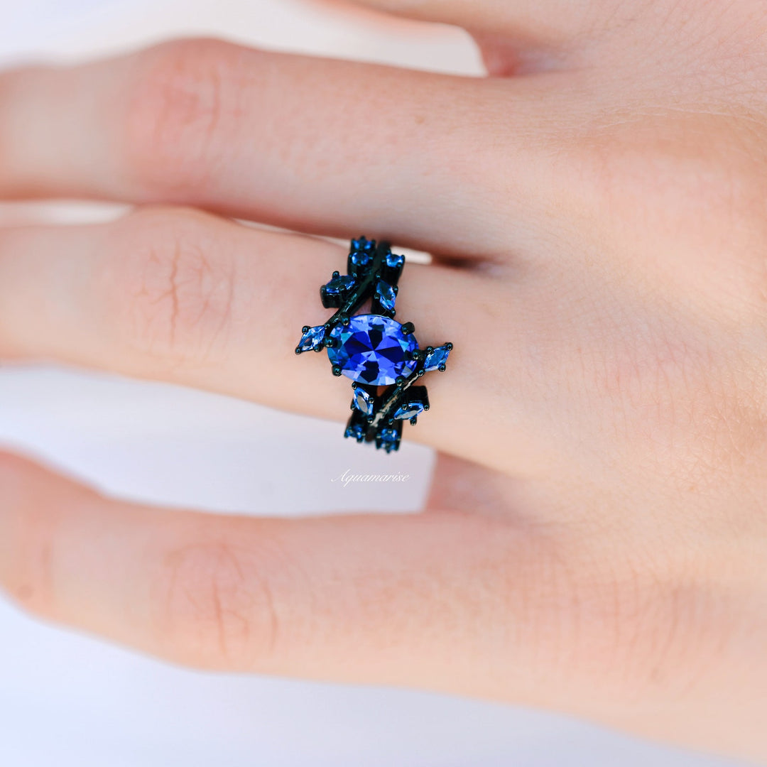 Cornflower Blue Sapphire Leaf Engagement Ring- Black Rhodium Filled