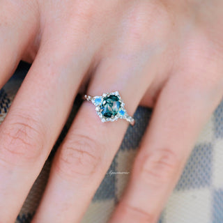Moss Agate & Opalescent Sapphire Engagement Ring in 14K White Gold