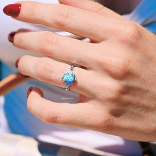 Blue Fire Opal & Opalescent Sapphire Leaf Engagement Ring in Sterling Silver