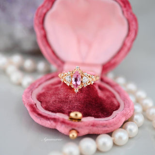 Elain Marquise Pink Sapphire Fairy Leaf Engagement Ring in 14K Solid Yellow Gold