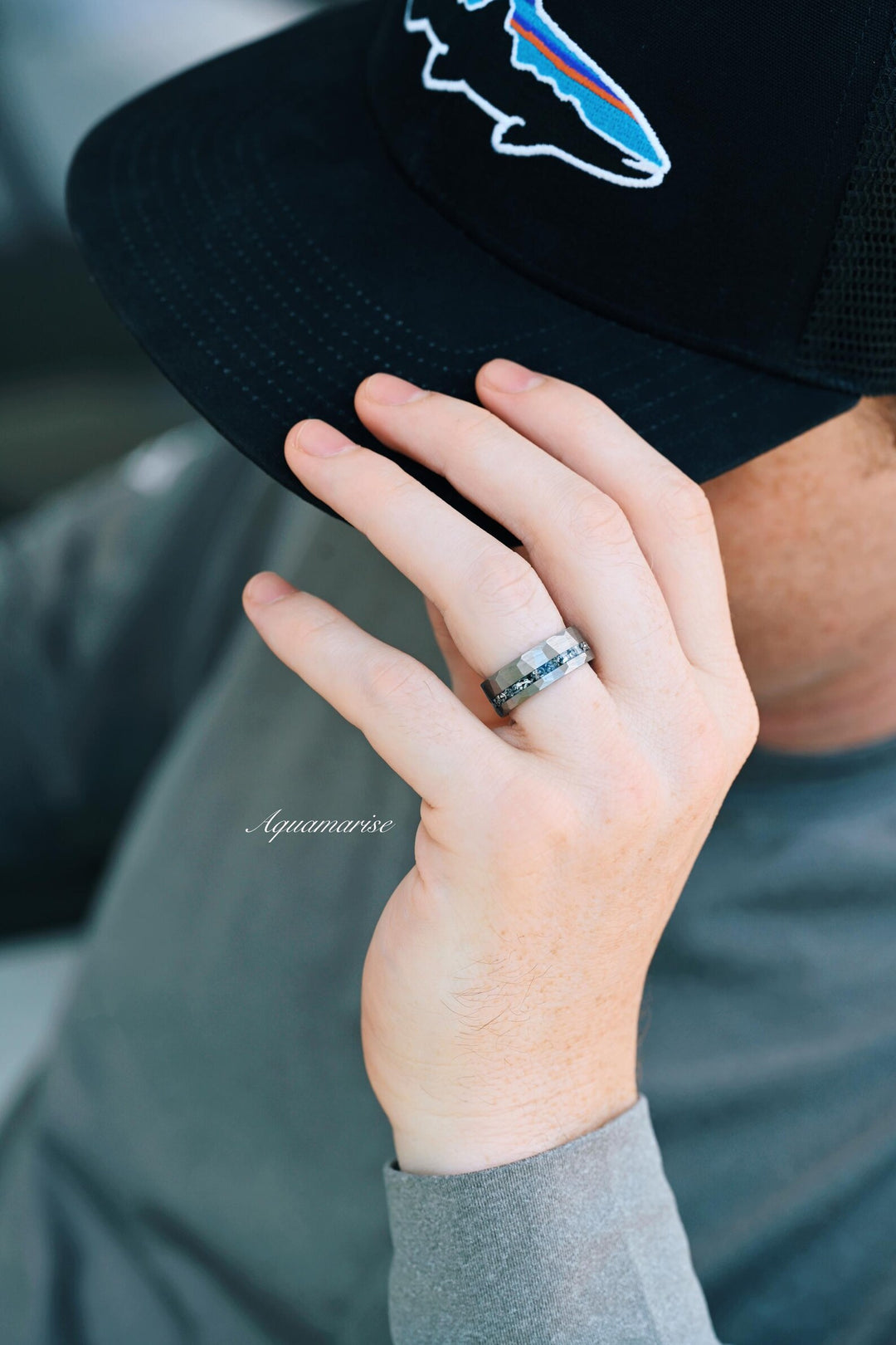 Galaxy Salt and Pepper (Herkimer) Diamond & Meteorite Couples Ring