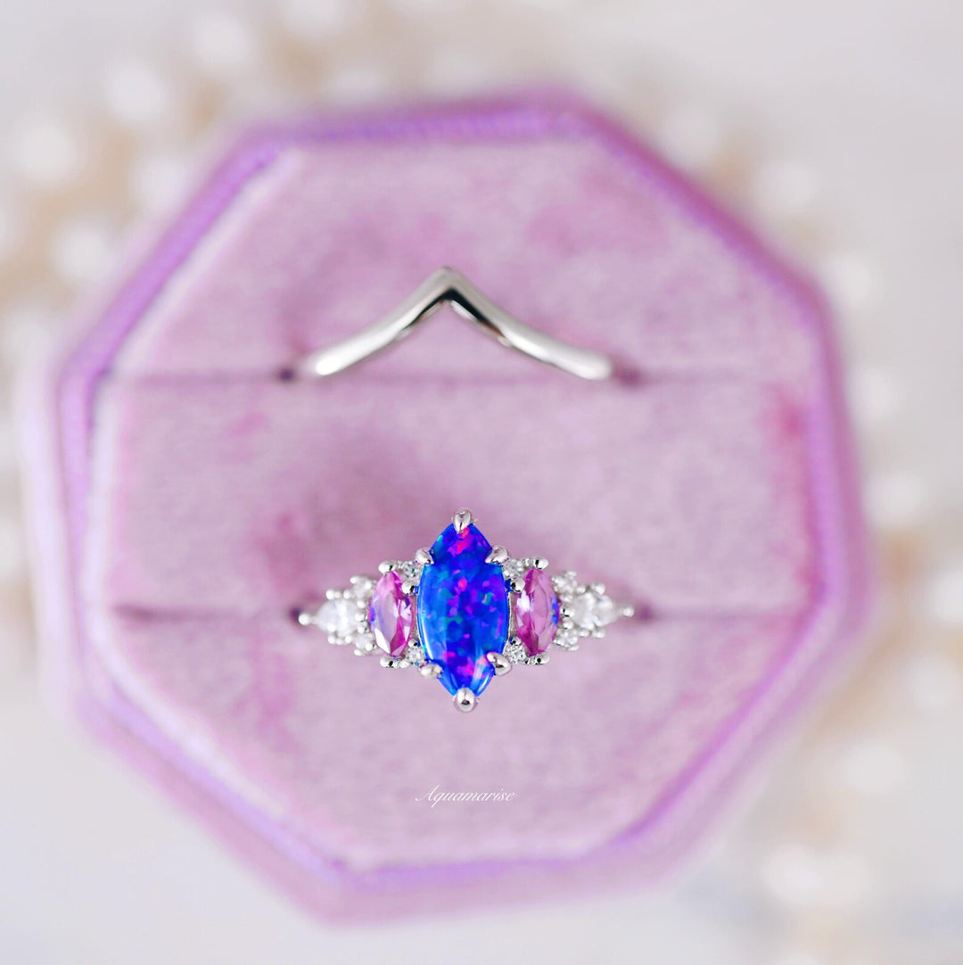 Emerie Blue Fire Opal & Pink Sapphire Ring Set-  Sterling Silver