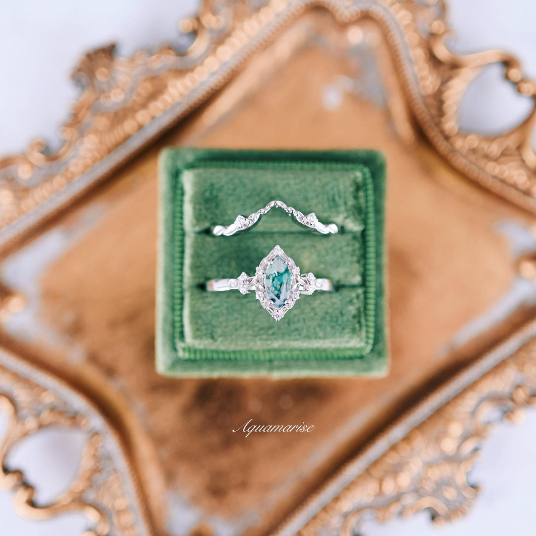 Fairy Green Moss Agate Leaf Ring Set- Sterling Silver