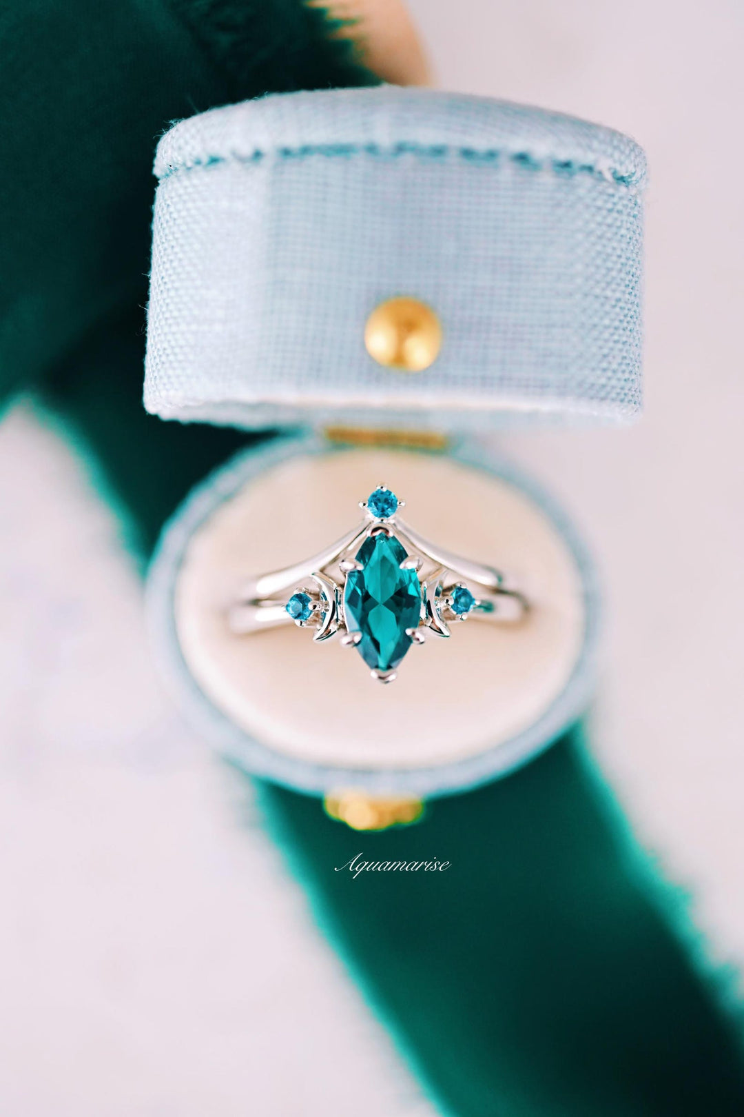 Teal Sapphire Moon Ring Set- Sterling Silver