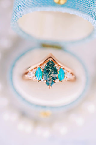 Emerie Moss Agate & Opalescent Sapphire Engagement Ring Set in 14K Solid Rose Gold