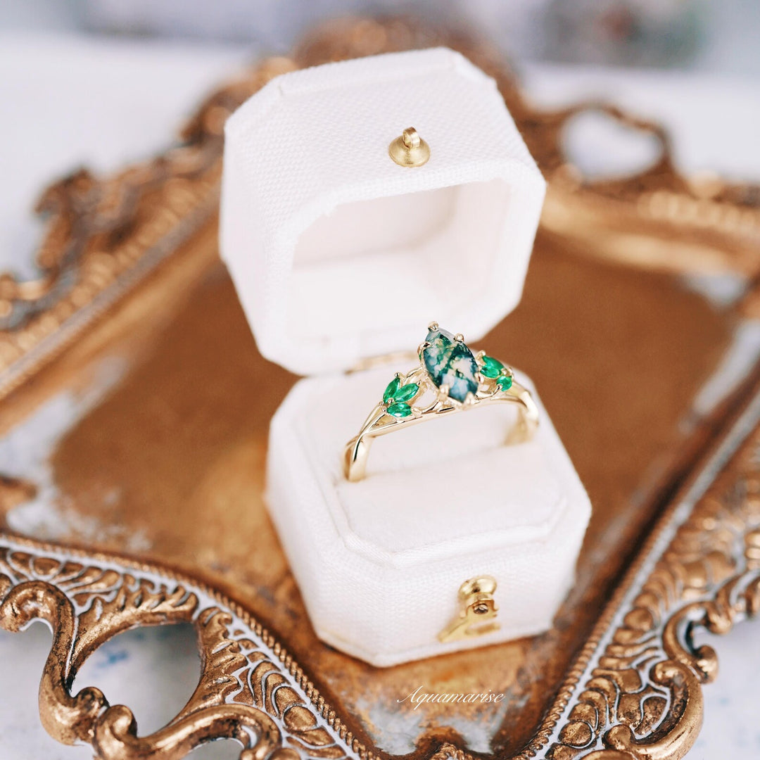 Celtic Knot Moss Agate & Gold Leaf Couples Ring