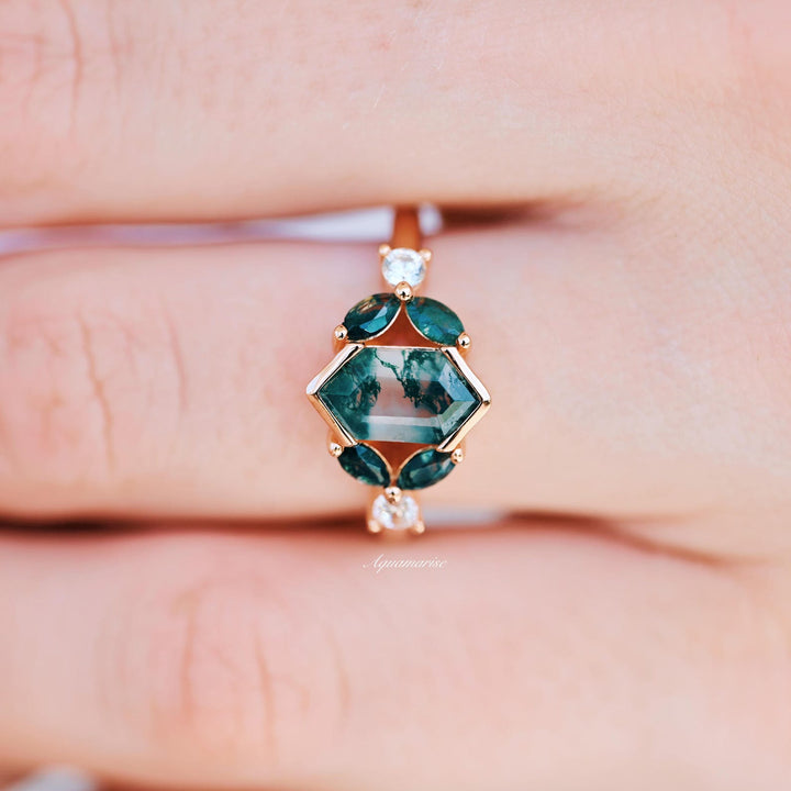 Hexagon Green Moss Agate Couples Ring Set