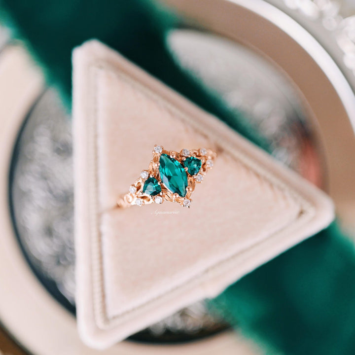 Elain Teal Sapphire Fairy Leaf Engagement Ring- 14K Rose Gold Vermeil