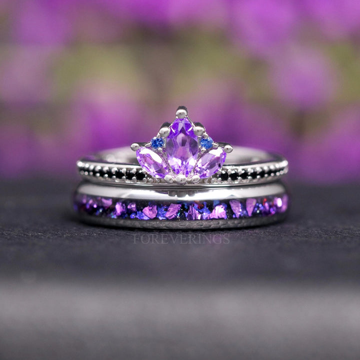 Amethyst Lotus Couples Ring Set