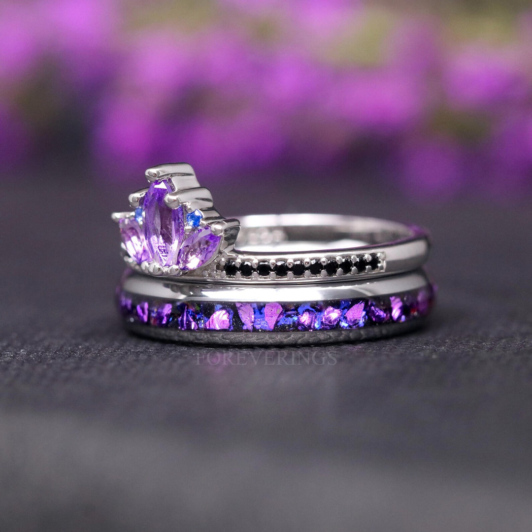 Amethyst Lotus Couples Ring Set