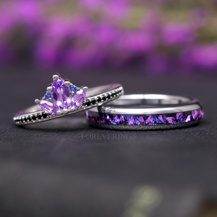 Amethyst Lotus Couples Ring Set