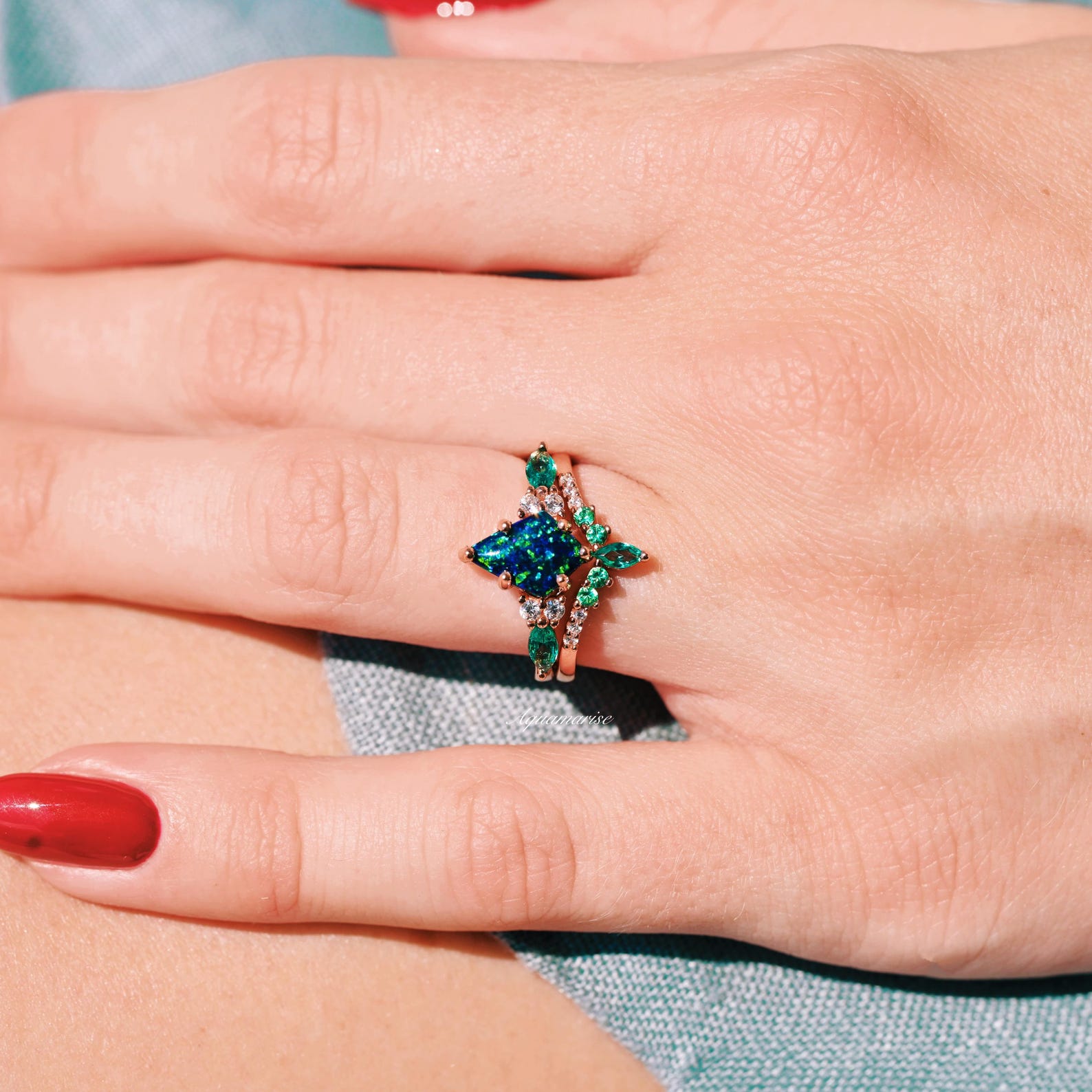 Skye Kiteยฎ Peacock Fire Opal Emerald Engagement Ring Set in 14K