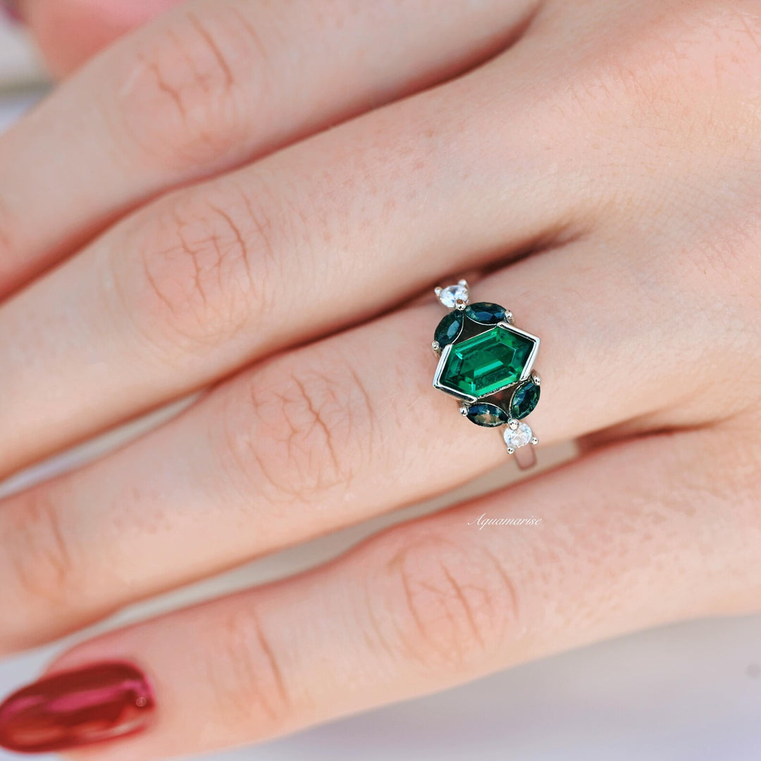 Hexagon Emerald & Moss Agate Leaf Ring- 14K White Gold