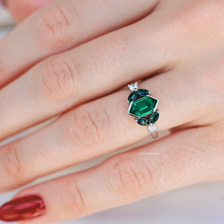 Hexagon Emerald & Moss Agate Couples Ring Set