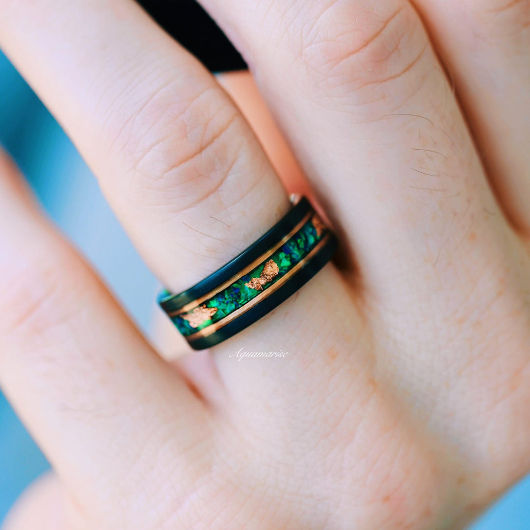 Green Fire Opal & Rose Gold Leaf Wedding Band- 8MM Rose Gold Black Tungsten