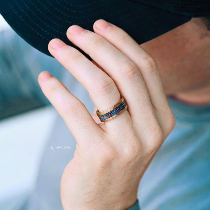 Blue Fire Opal & Guitar String Couples Ring