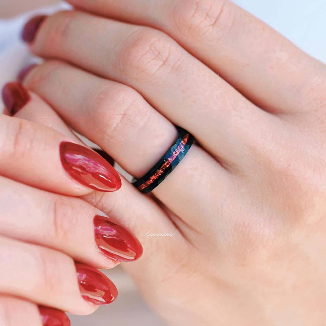 Crushed Red Garnet Wedding Band- 4MM Black Tungsten