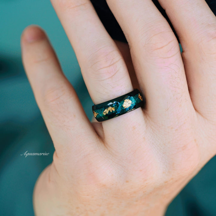 Moss Agate & Gold Leaf Wedding Band- 8MM Black Tungsten