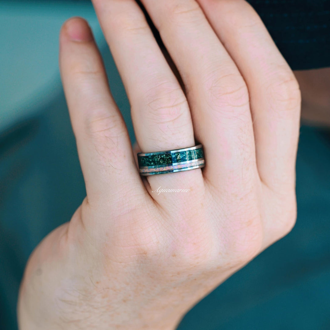 Green Moss Agate & Fire Opal Couples Ring