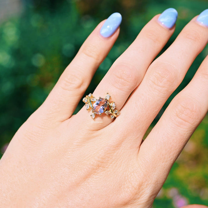 Morganite Leaf Fairy Engagement Ring- 14K Yellow Gold Vermeil