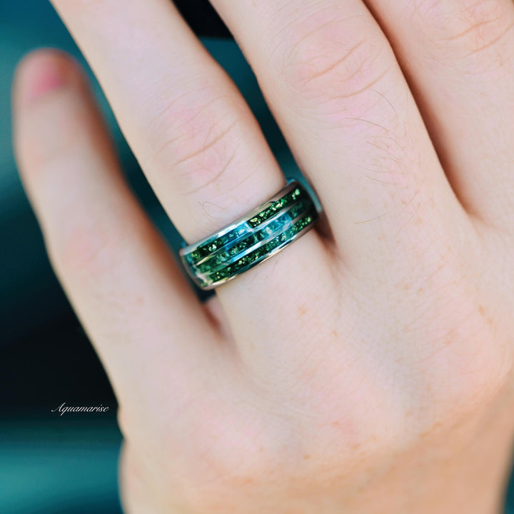 Moss Agate & Emerald Wedding Band- 8MM Tungsten