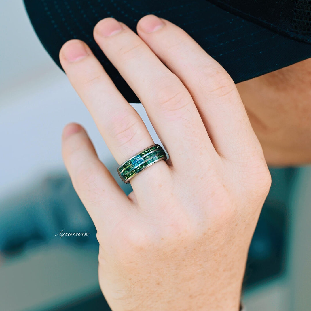 Moss Agate & Emerald Wedding Band- 8MM Tungsten