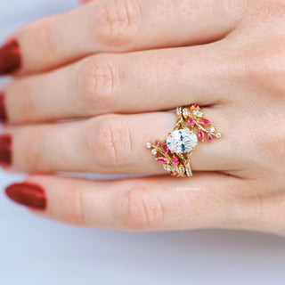 Simulated Diamond & Ruby Leaf Engagement Ring Set in 14K Yellow Gold Vermeil