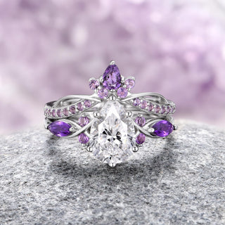 Feyra Amethyst & Diamond (cz) Leaf Couples Ring Set