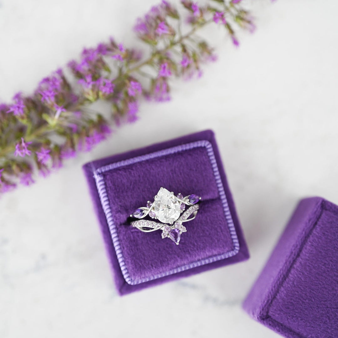 Feyre Amethyst & Moissanite/Diamond Engagement Ring Set- 14K White Gold