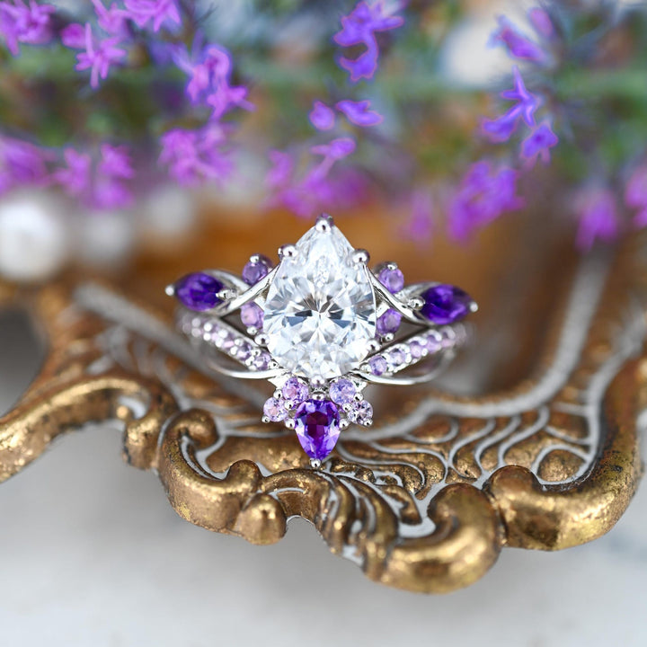 Feyre Natural Amethyst & Diamond (cz) Engagement Ring Set- Sterling Silver