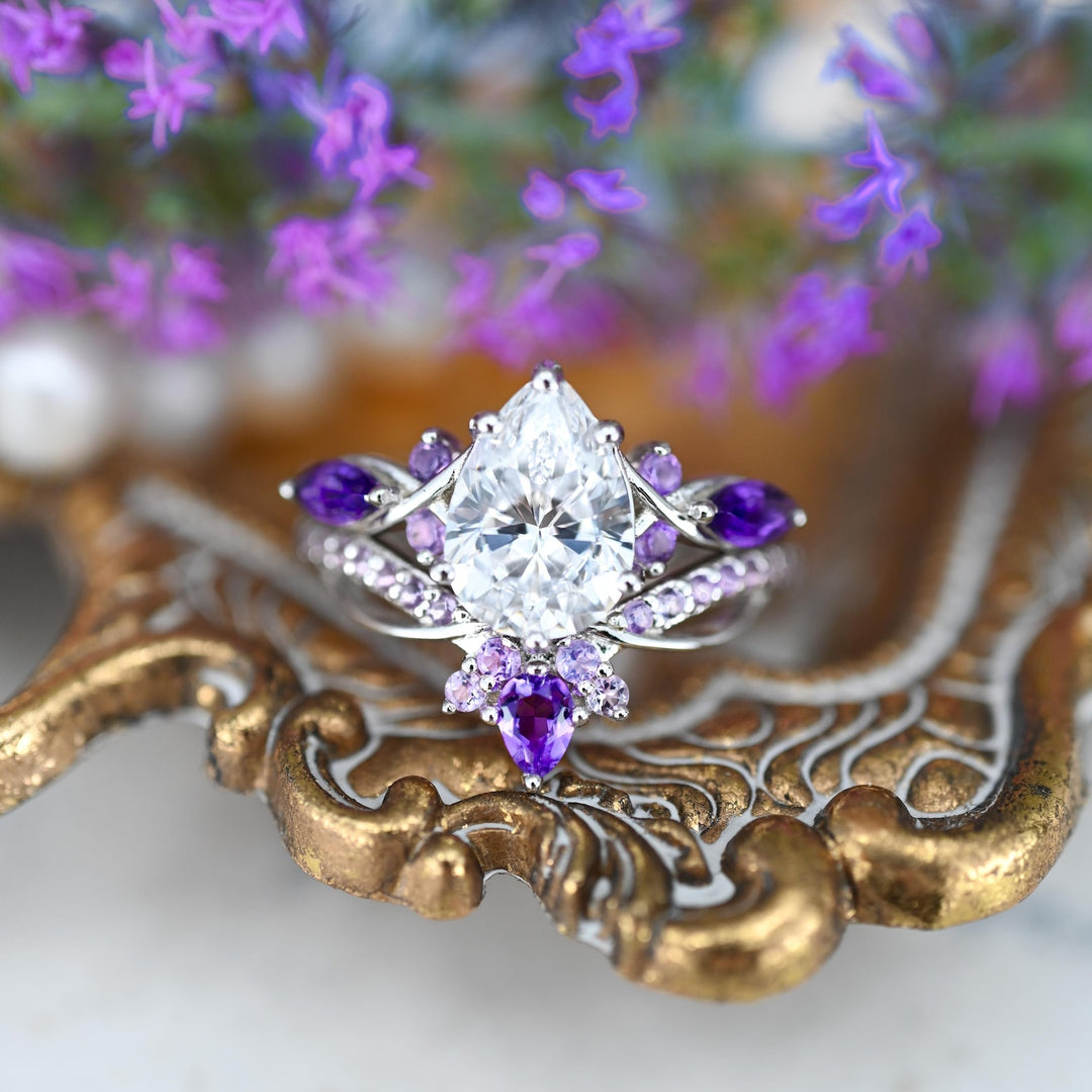 Feyre Amethyst & Diamond (cz) Leaf Couples Ring