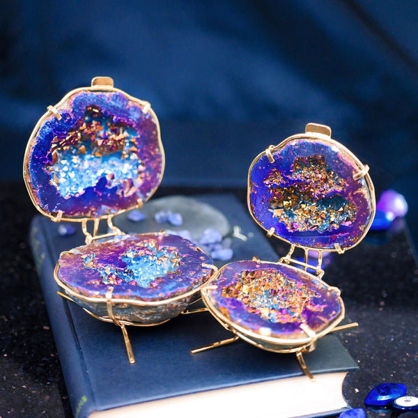 Geode Ring Box - Crystal Engagement Ring Holder for Proposal or Keepsake by Aquamarise, featuring vibrant purple and gold natural geode crystals in a unique gift-ready design.