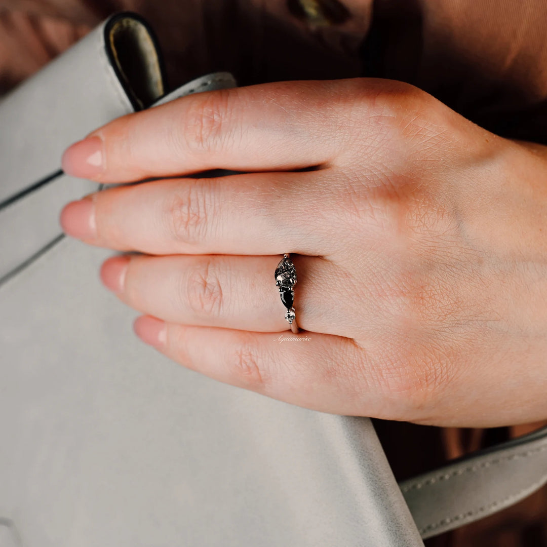 Natural Rutilated Quartz & Black Onyx Ring For Women- Sterling Silver