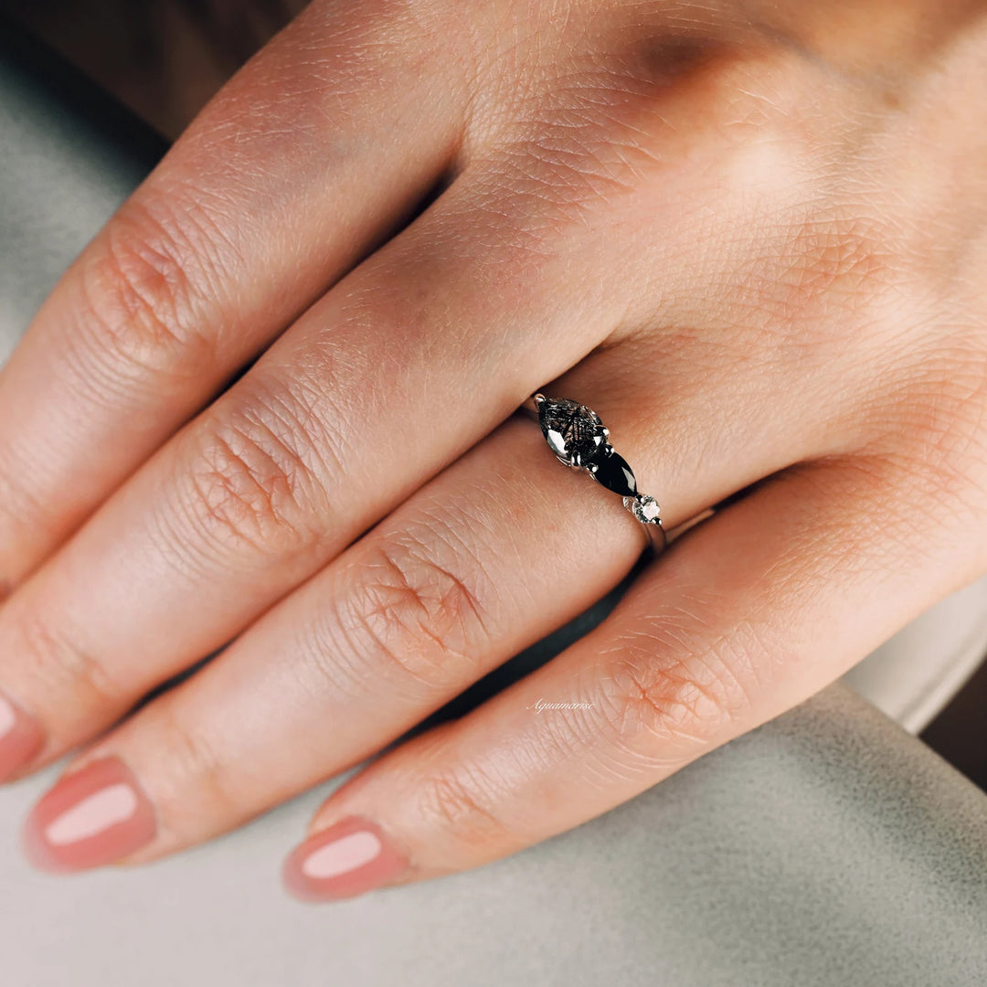 Natural Rutilated Quartz & Black Onyx Ring For Women- Sterling Silver