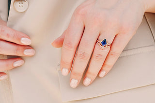 Kite Cut Bezel Blue Sapphire Ring Set in 14K Rose Gold Vermeil
