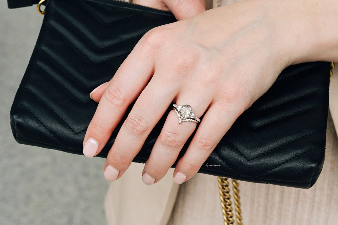 Galaxy Raw Salt & Pepper Diamond (Herkimer Diamond) Hexagon Ring Set- 925 Sterling Silver