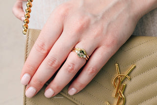 Hexagon Green Moss Agate Fairy Leaf Ring Set in 14K Yellow Gold Vermeil