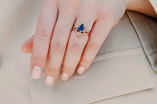 Kite Cut Bezel Blue Sapphire Ring Set in 14K Rose Gold Vermeil