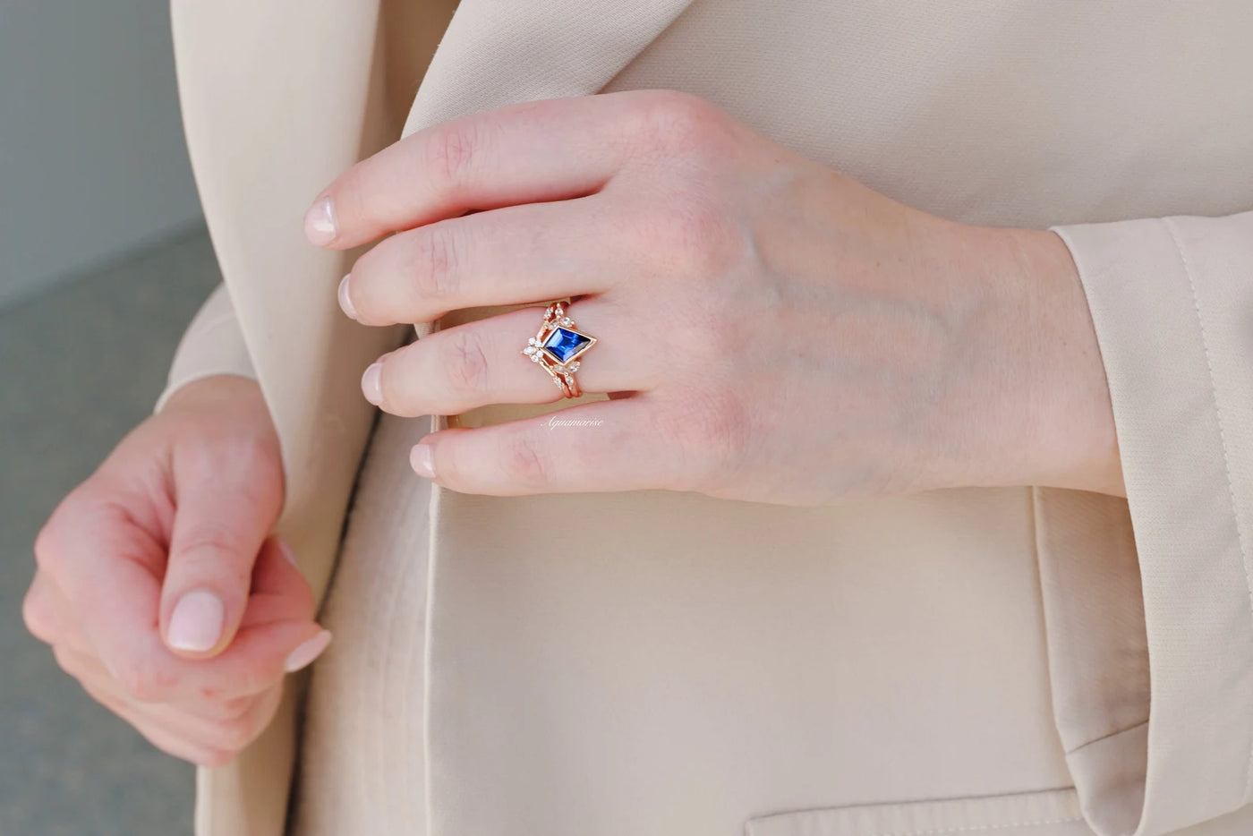 Kite Blue Sapphire Ring Set For Women- 14K Rose Gold Vermeil Blue Gemstone Engagement Ring- Dainty Promise Ring