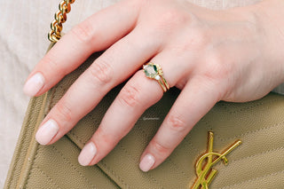 Hexagon Green Moss Agate Fairy Leaf Ring Set in 14K Yellow Gold Vermeil